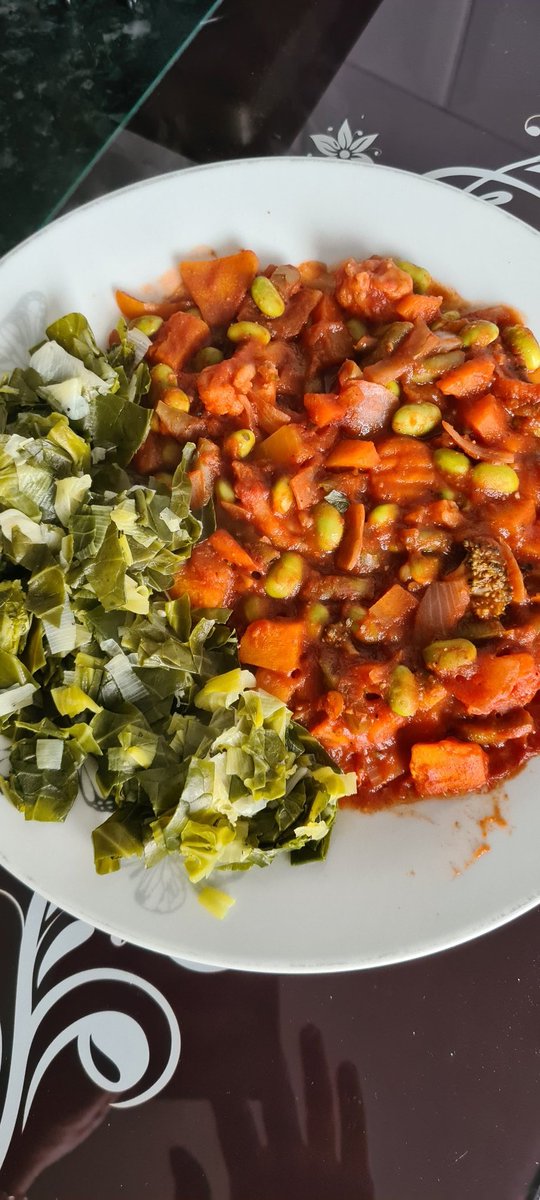 Today's dinner. Spanish style soya beans/veg with a side of spring greens/leeks.....