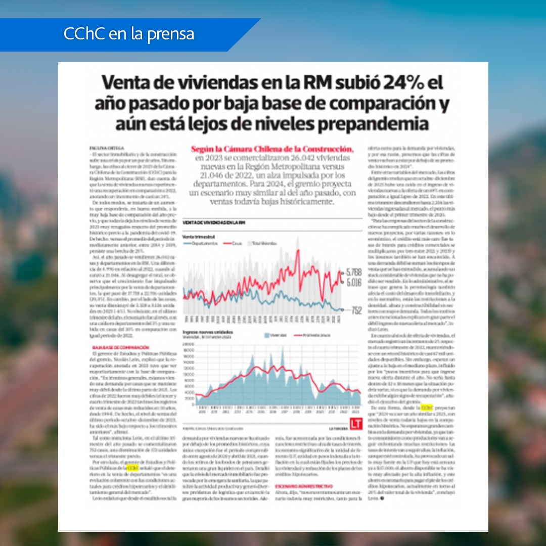 CChC_Chile's tweet photo. 📰En el suplemento @pulso_tw de @latercera el gerente de Estudios y Políticas Públicas de la #CChC, Nicolás León, se refirió al escenario inmobiliario 2023 por venta de viviendas en la #RegiónMetropolitana.  🔗Lee la nota aquí👉https://t.co/4DLaAt6Iej https://t.co/KPK4vo4zXw