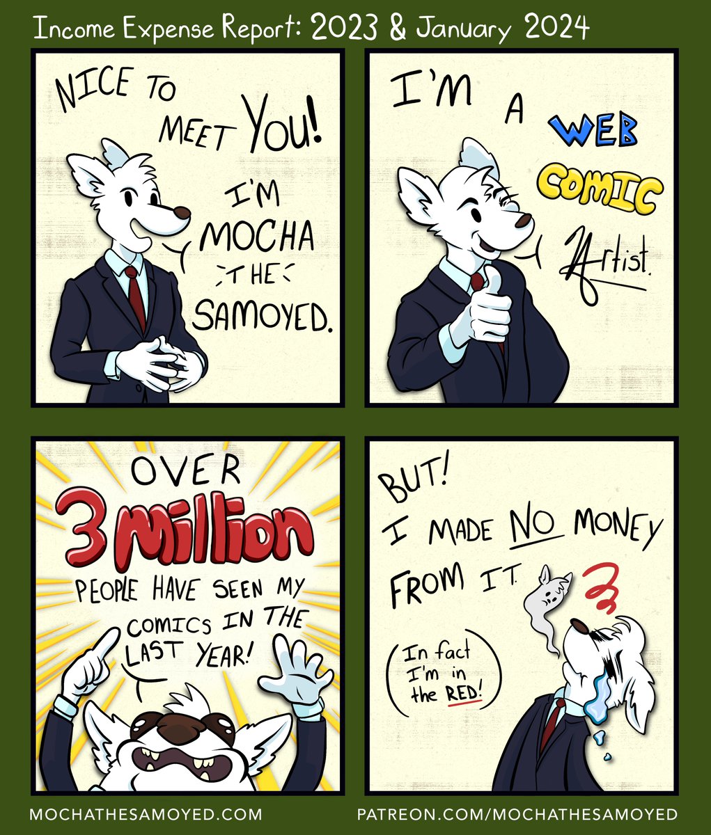 MochaTheSamoyed's tweet photo. 3 Million views and not a dime!
#SmallBusiness #artist #comic #webcomic #Statistics #expensereport #business https://t.co/LdU5ArZgo7