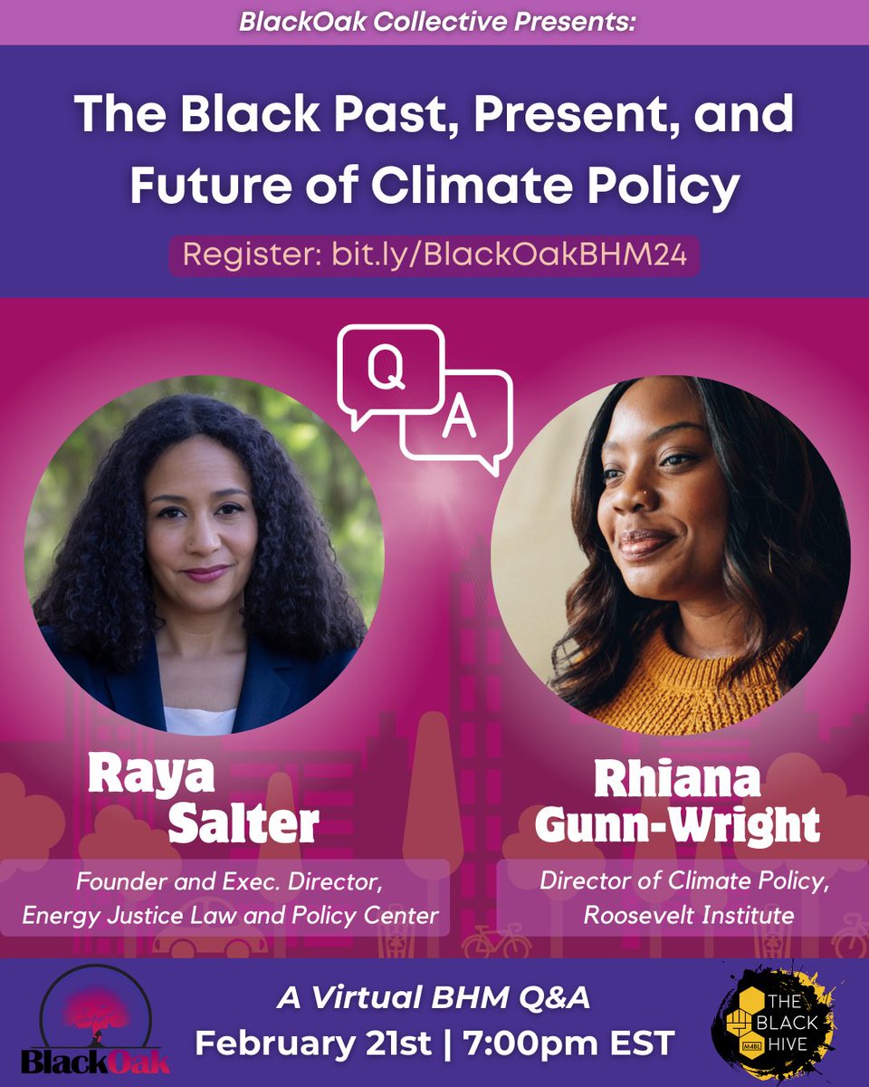 Join us tomorrow, February 21st at 7:00PM EST 🗓️🎤✨ for a virtual #BHM Q&amp;A with renowned environmental experts, <a href="/RayaSalter/">Raya Salter, Esq. (Climate Auntie)</a> and @rgunns  as they discuss the #GreenNewDeal, #InflationReductionAct, and what’s next in the context of Black history!

#BlackClimateWeek
