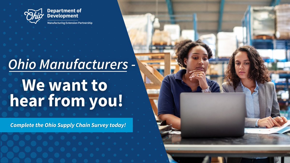 OhioDevelopment's tweet image. The Ohio Manufacturing Extension Partnership wants to hear from Ohio Manufacturers in an effort to determine supply chain concerns and how the network can better support you.
Find the survey here: bit.ly/48mpUEs