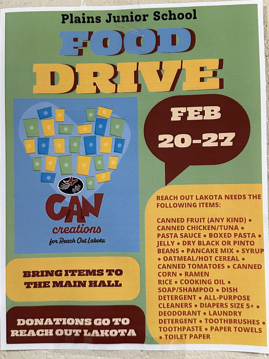 Marianne Sample (@sample3141) on Twitter photo Plains Junior is having a food drive for Reach Out Lakota Feb 20-27. Please send in items to put in boxes in main hallway. Thank you!! <a href="/PlainsFirebirds/">Plains Junior</a> <a href="/PlainsJrAP/">Brian Wallace</a> Plains Junior is having a food drive for Reach Out Lakota Feb 20-27. Please send in items to put in boxes in main hallway. Thank you!! <a href="/PlainsFirebirds/">Plains Junior</a> <a href="/PlainsJrAP/">Brian Wallace</a>