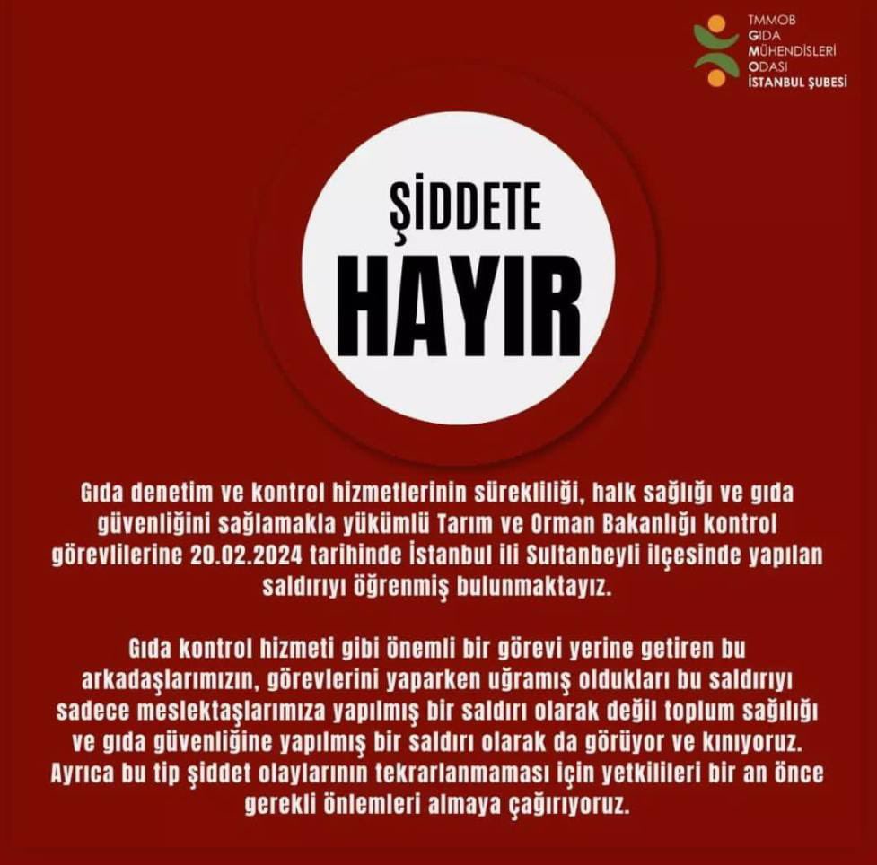 Bugün İstanbul ili Sultanbeyli İlçe Tarım ve Orman Müdürlüğünde görevli 2 Ziraat Mühendisi ve 1 Gıda Mühendisi meslektaşımız ekmek fırınında denetim yaparken işletmeci tarafından darp edilmiş ve hakarete maruz kalmıştır. Kamu Mühendisleri Platformu olarak meslektaşlarımızın…