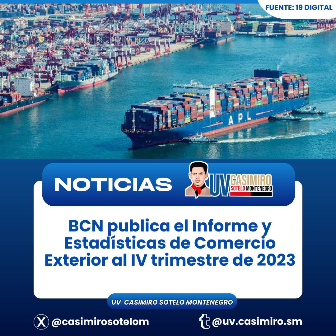El Banco Central de #Nicaragua (BCN) publicó el “Informe y Estadísticas de Comercio Exterior al IV trimestre de 2023”, el cual menciona que, el valor de las exportaciones totales (mercancías + zona franca) en el cuarto trimestre sumó 1,664.1 millones de dólares. #SomosUNCSM