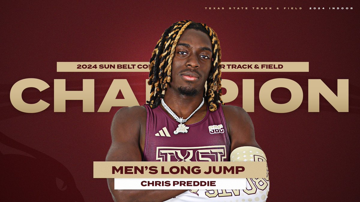 TXStateTrack's tweet photo. The Double Champ 🥇🥇 

- Preddie takes home gold in both the triple and long Jump 

#EatEmUp https://t.co/hg27aQlH9J