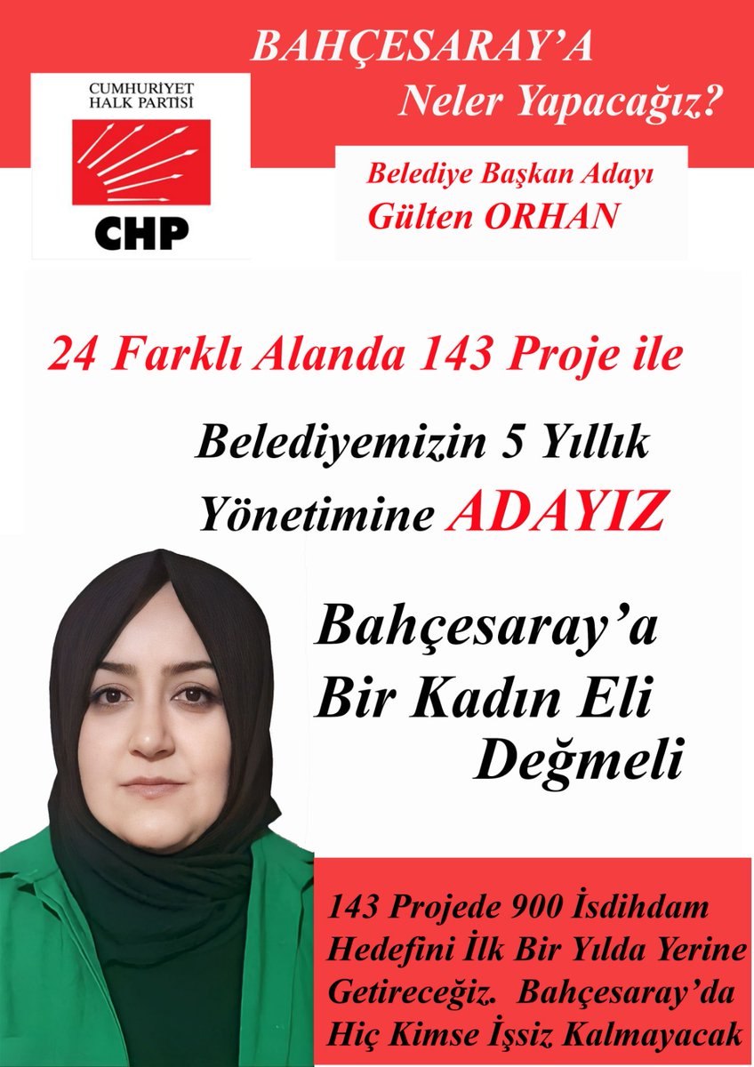 CHP'nin Bahçesaray Belediye Başkanı Adayı kadın oldu.

"Bahçesaray'a kadın eli değmeli" diyen Gülten Orhan 24 farklı alanda 143 projesinin olduğunu söylüyor.