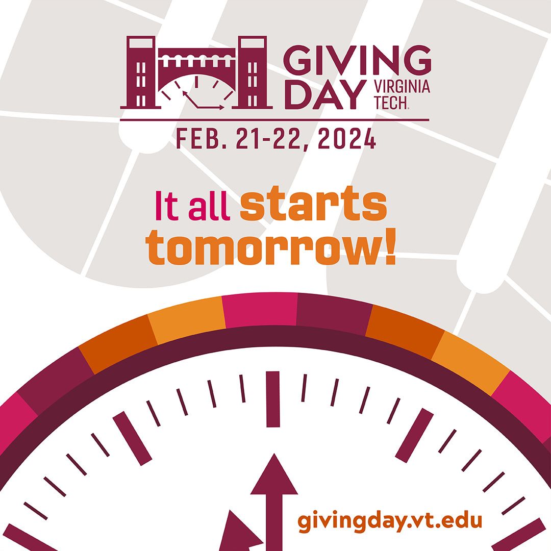 It’s almost game time … are you ready for #VTGivingDay? 🎯 Join us tomorrow for a 24-hour giving event that brings together #Hokies from around the world to support all the things they love about #VirginiaTech. Set your clock. Mark your calendar. Be a Game Changer 💪