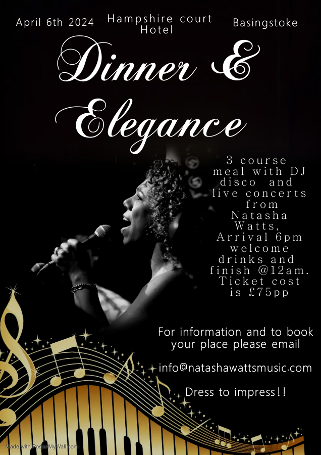 Welcome drink 3 course meal 4star hotel for you to stay in if you want plus .. 2 x DJ's playing your favourite music and me your host Natasha Watts performing throughout the evening ... inbox for tickets info less than 15 seats available x info@natashawattsmusic.com #basingstoke