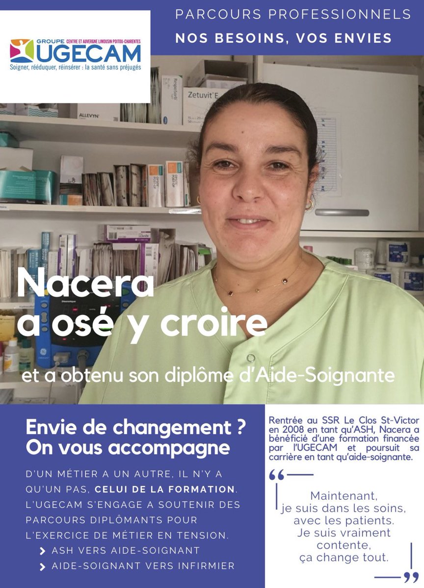 « Maintenant, je suis dans les soins, avec les patients. Je suis vraiment contente, ça change tout ».
En 2024, l’UGECAM Centre ALPC continue à accompagner ses professionnels dans leurs projets !

#formation #evolutionprofessionnelle #soignants