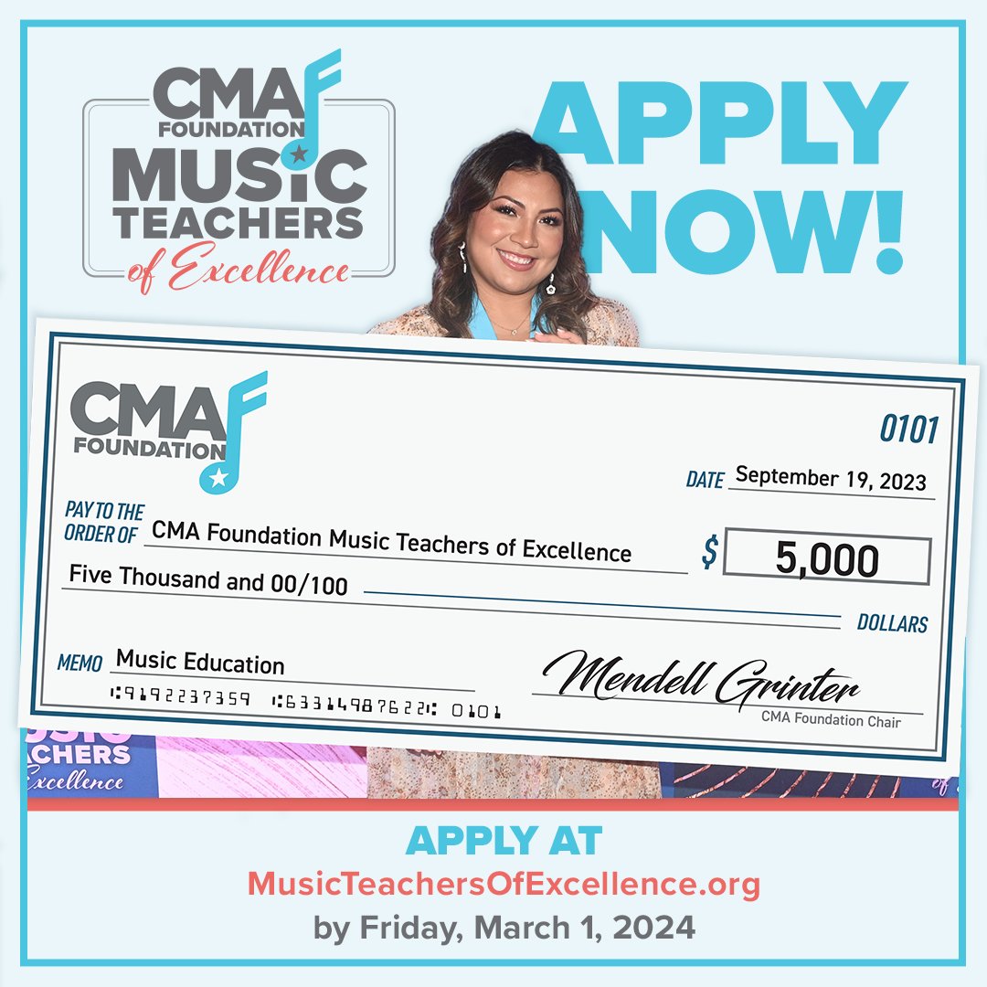 NAfME's tweet photo. Encourage a teacher who has made a significant impact on your musical journey to apply for the 2024 CMA Foundation Music Teachers of Excellence. Let's celebrate their dedication and passion for music education: https://t.co/qmNGenJyjz  @CMAFoundation #MusicTeachersofExcellence https://t.co/vaoD65yQdz