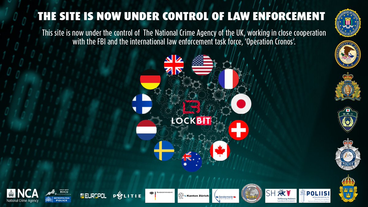 CyberGEND's tweet photo. 👮‍♂️ Démantèlement ce matin des infrastructures du groupe de hackers russophones LockBit 3, "le plus dangereux au monde" (Europol), lors de l’opération Cronos. Félicitations aux cybergendarmes de l'@CyberGEND, du FBI, d'Allemagne, ou encore du Royaume-Uni pour ce "coup de maître" ! https://t.co/wNB4tgk6hp