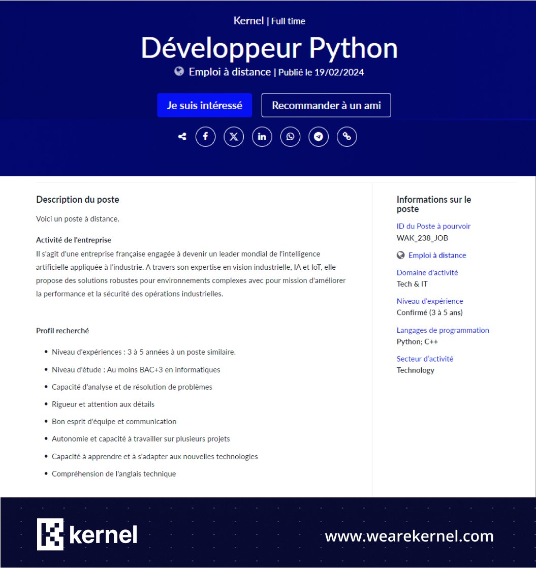 Nous recrutons au poste de Développeur Python pour une entreprise spécialisée dans l’intelligence artificielle appliquée à l’industrie. Offre complète : bit.ly/3OQyMeF #kernel #recrutement #developers #python #IntelligenceArtificielle