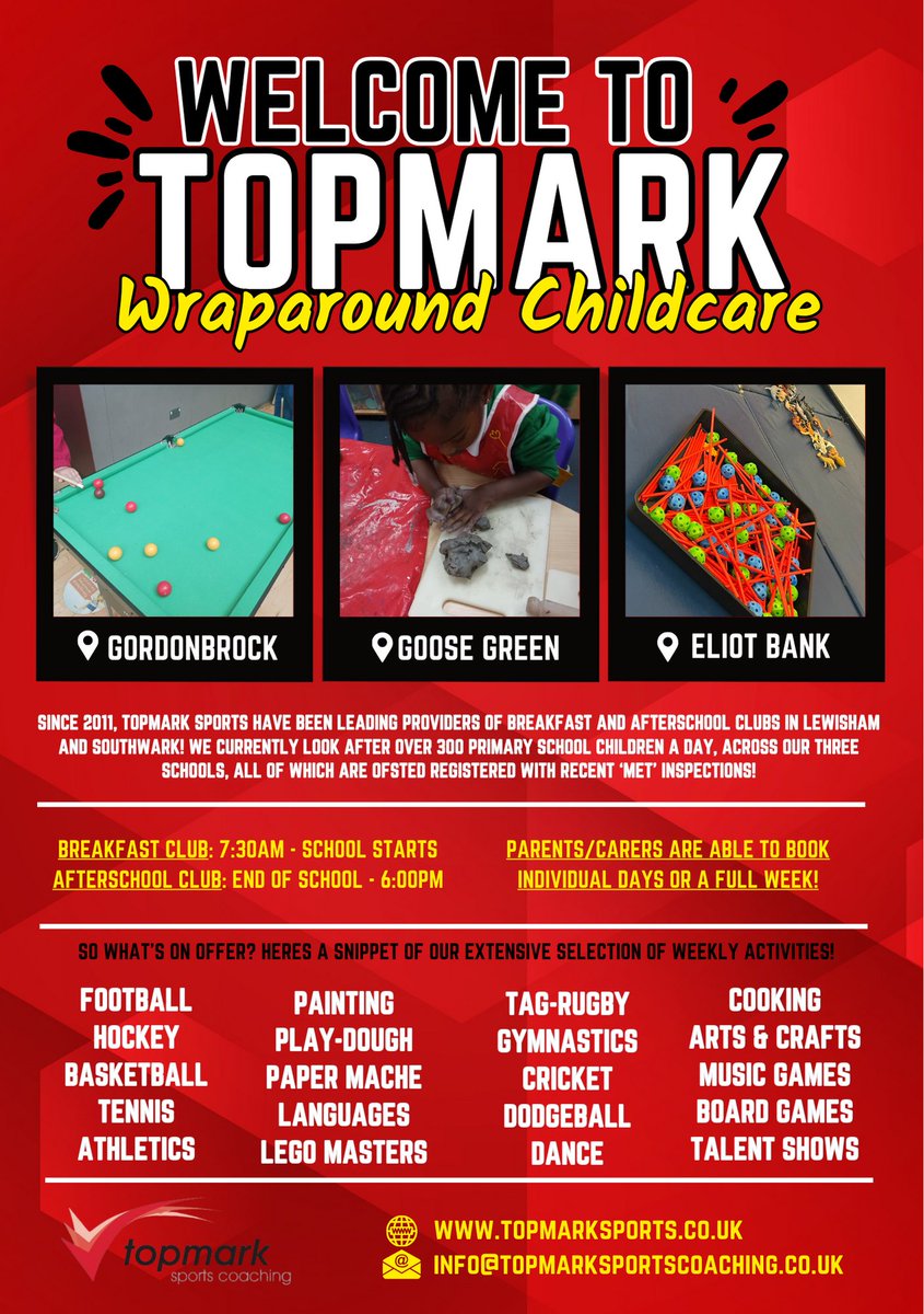 TopmarkSports's tweet image. 🔴⚫️Welcome to Topmark!     

Leading providers of wraparound childcare! Get in touch today to discuss how we can provide our expert service for your school! 

📧 info@topmarksportscoaching.co.uk 

#Lewisham #Bromley #Southwark #BreakfastClub #AfterschoolClub #Childcare