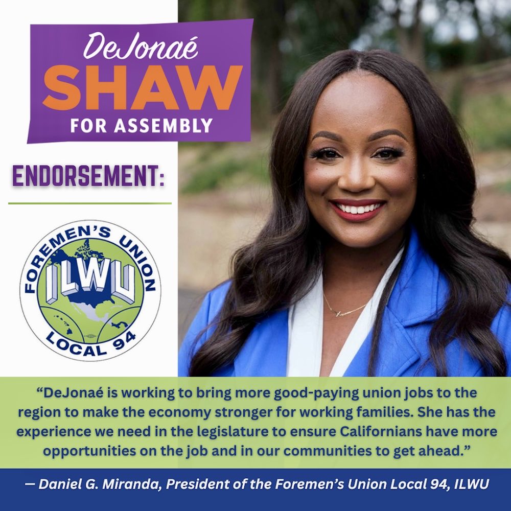 🚨ENDORSEMENT🚨I’m incredibly grateful to have received the endorsement from the ILWU Foremen’s Union, Local 94. #TogetherWeCan #ShawForAssembly #CommittedToCommunity