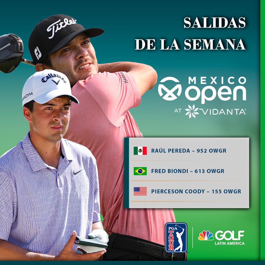 GolfChannelLA's tweet image. ¡Salidas de lujo en el @MexicoOpenGolf! 😮‍💨⏰

@nicolas_ech compartirá con dos experimentados jugadores del PGA Tour, mientras @FredBiondi y @raulp96 forman un tee time de proyección. 💪🏼