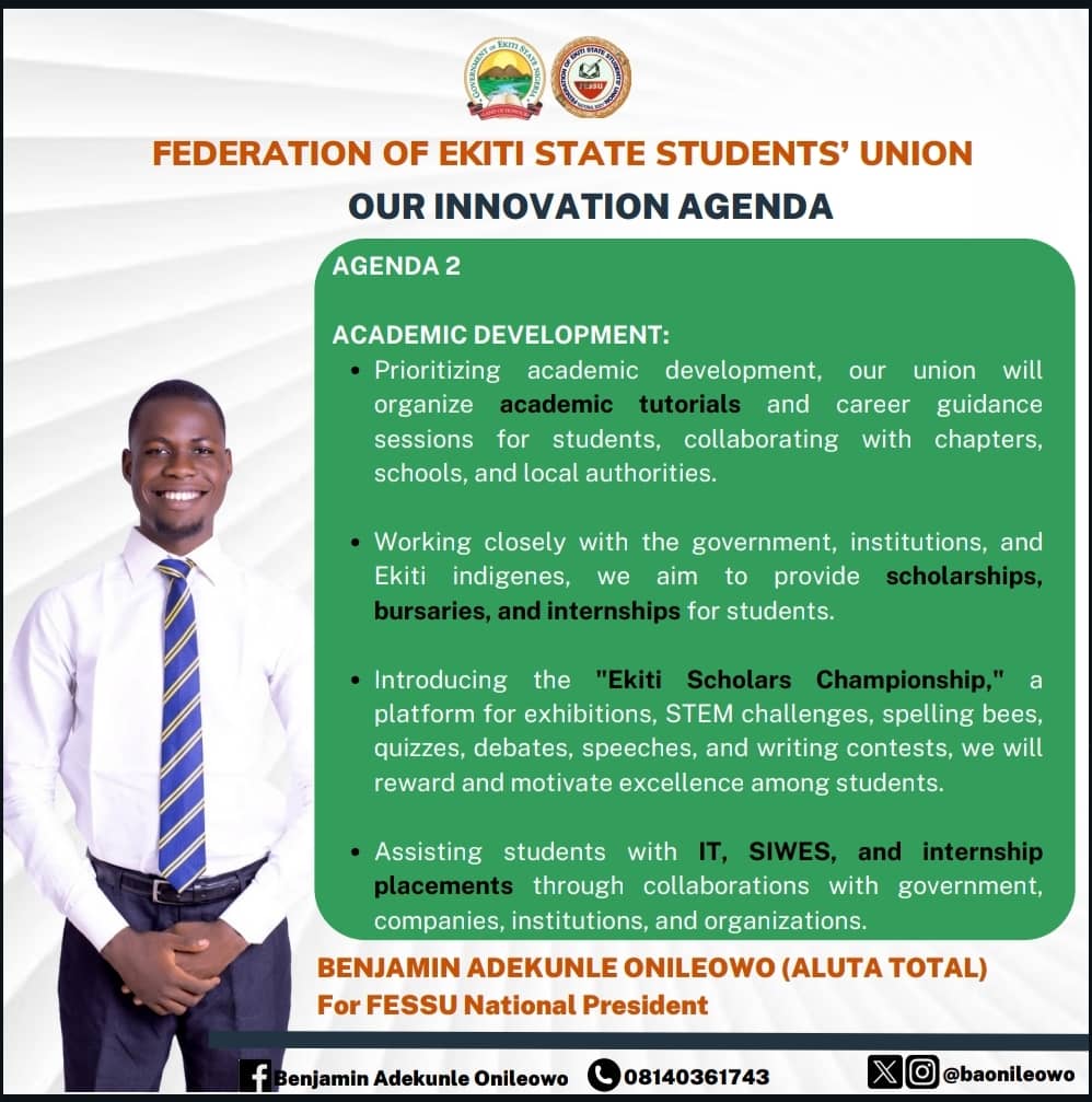 Our second agenda of the 7-point innovation agenda for FESSU focuses on the ACADEMIC DEVELOPMENT of Ekiti State students and the future of education in our beloved state, from the elementary level to tertiary level.

#InnovateFESSU #InnovationAgenda #InnovateFESSUWithAlutaTotal