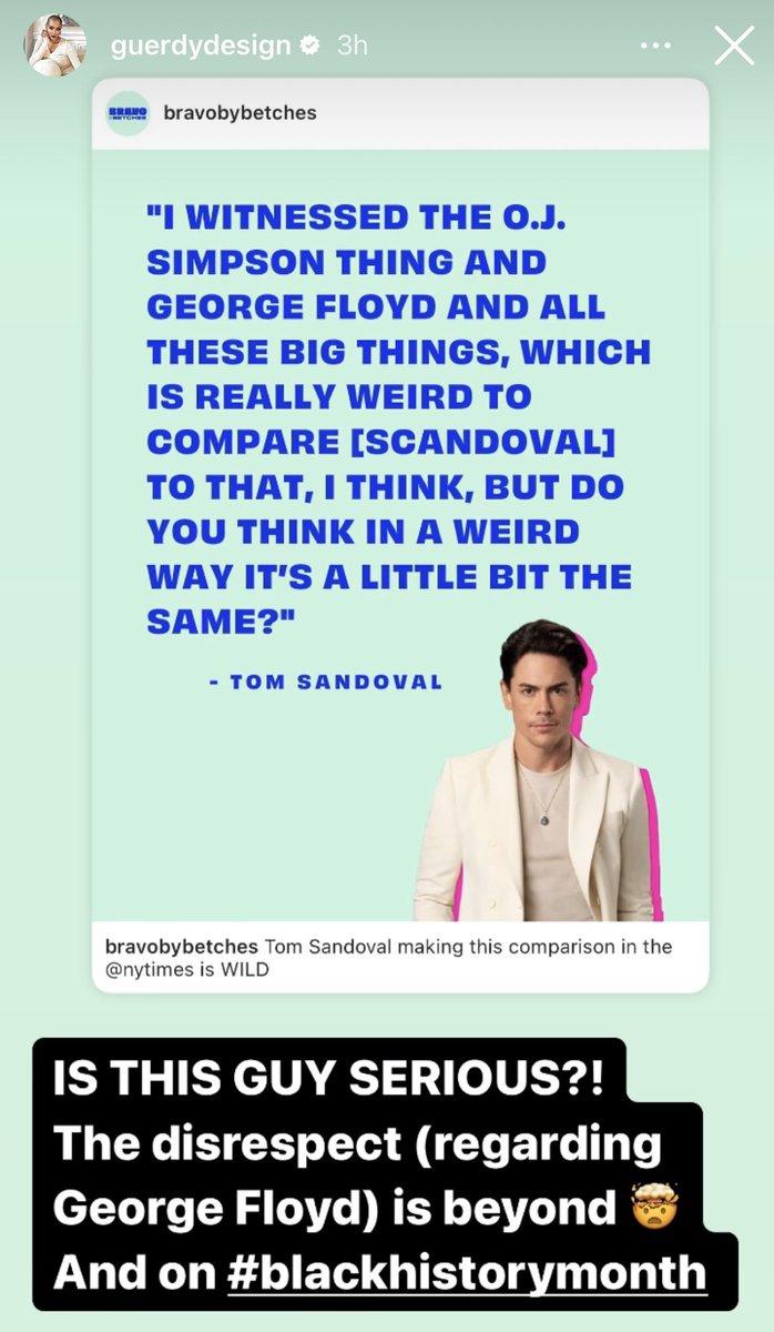 HousewivesHub's tweet photo. Guerdy calls out Tom Sandoval for comparing Scandoval to George Floyd: “This is not okay and villains I find these days are getting applauded and are getting a crown, a pedestal and so forth and this is not okay.” #RHOM #PumpRules https://t.co/Xks5fFVxGq