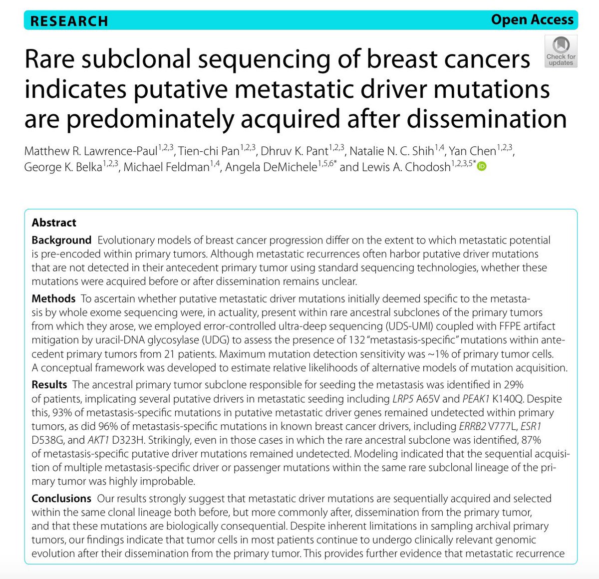 New study identifying breast cancer metastatic driver mutations published by @PennCancer 2-PREVENT breast cancer TCE investigators Drs Lewis Chodosh & @AngieDemichele and team in @GenomeMedicine. @Penn_CBIO @PennMedicine shorturl.at/egE15