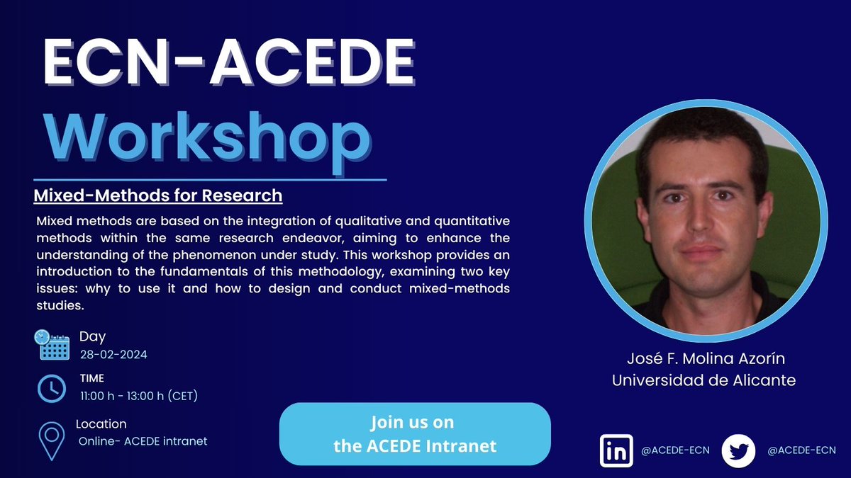 🚀 Join our "Mixed Methods Research" workshop! 📊📖🗣️ Featuring José Francisco Molina Azorín from the University of Alicante.🗓️ Feb 28, 11:00-13:00. Dive into the world of qualitative &amp; quantitative research integration.🔗 Details &amp; join: acede.org/es/evento/285📌 Note: 🇪🇦Session