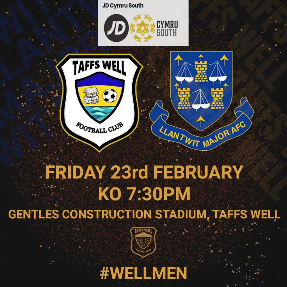 Taffs Well FC (@taffswellfc) on Twitter photo ⚽️ FRIDAY NIGHT LIGHTS!⚽️
We welcome the always entertaining <a href="/LlantwitMajorFC/">CPD Llanilltud Fawr/Llantwit Major AFC</a> this Friday. Wish the rain would give up this week!
🏟️ Gentles Construction Stadium, Taffs Well
🕣 7:30pm Kick Off
🗓️ Fri 23rd Feb 2024
#Wellmen #followtheyellow #OneClubOneGoal ⚽️ FRIDAY NIGHT LIGHTS!⚽️
We welcome the always entertaining <a href="/LlantwitMajorFC/">CPD Llanilltud Fawr/Llantwit Major AFC</a> this Friday. Wish the rain would give up this week!
🏟️ Gentles Construction Stadium, Taffs Well
🕣 7:30pm Kick Off
🗓️ Fri 23rd Feb 2024
#Wellmen #followtheyellow #OneClubOneGoal