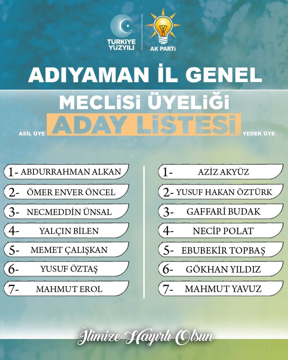 #TürkiyeYüzyılı nda Adıyamanımızın yeniden ayağa kalkması için gece gündüz çalışacak olan İl Genel Meclis Üyeleri listelerimizin Hayırlı Olmasını diliyoruz.

#ADIYAMAN bilir #GerçekBelediyecilik AK Parti dir.
#HazırızKararlıyız
