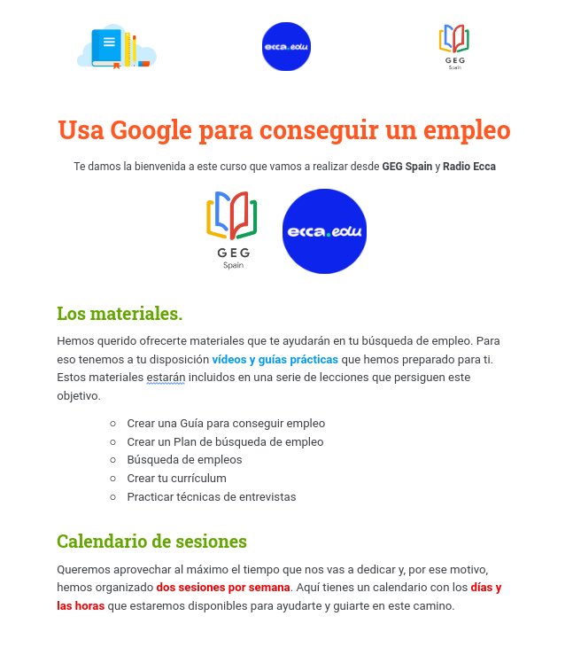 🥳🎉 Estamos encantados de anunciar 📣el comienzo del curso de #acciónsocial “Usa <a href="/Google/">Google</a> para conseguir un #empleo” 💼. Una iniciativa de <a href="/GEGSpain/">GEG Spain</a> en colaboración 👐 con #radioecca