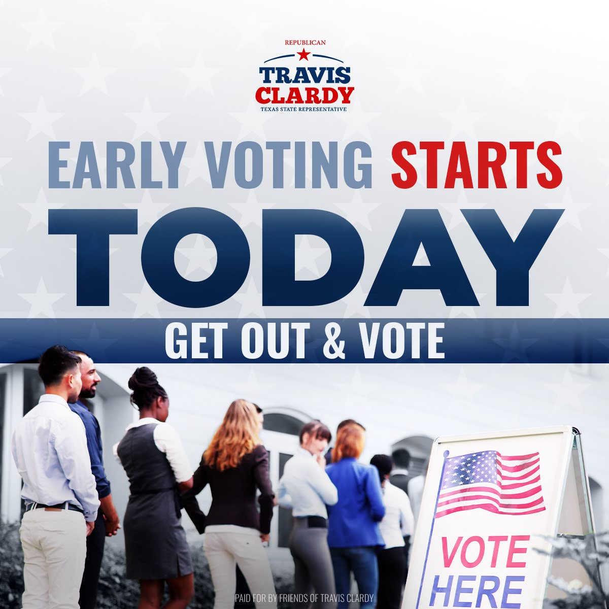 It's officially time to #StandwithTravis. Early voting began today! Get out and VOTE Travis Clardy for House District 11!