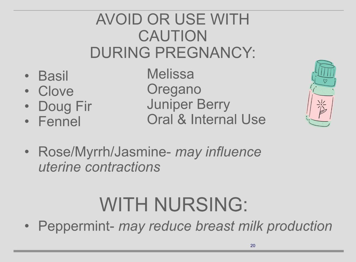 GOLDMidwifery's tweet image. A short list of essential oils to avoid in pregnancy/postpartum/breastfeeding.
S.McBride #GOLDMidwifery2024 #GOLDLearning #IAMGOLD #midwife #midwifery #pregnancy #birth #childbirth #labor #nurse #doula #postpartum #breastfeeding #aromatherapy #safety