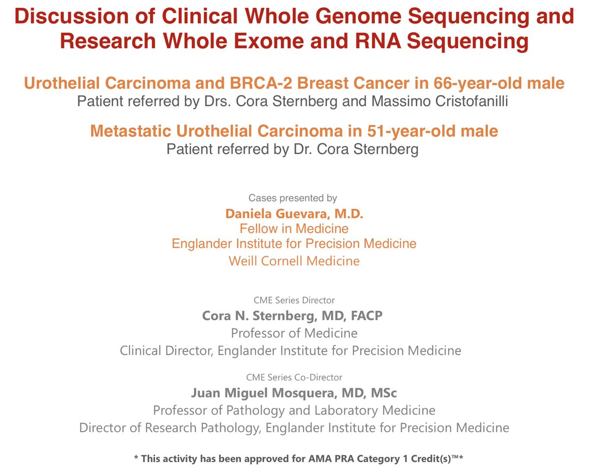 Our next #PrecisionMedicine Research Conference, 'Discussion of Clinical #WGS and Research Whole Exome and #RNASeq,' will be presented by Dr. Daniela Guevara, Fellow in Medicine @WCMEnglanderIPM, with patients referred by @cnsternberg and @MCristofanill! Feb. 22 at 1 PM via Zoom