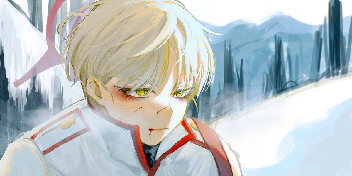solo yellow eyes 1boy male focus blonde hair blood snow  illustration images