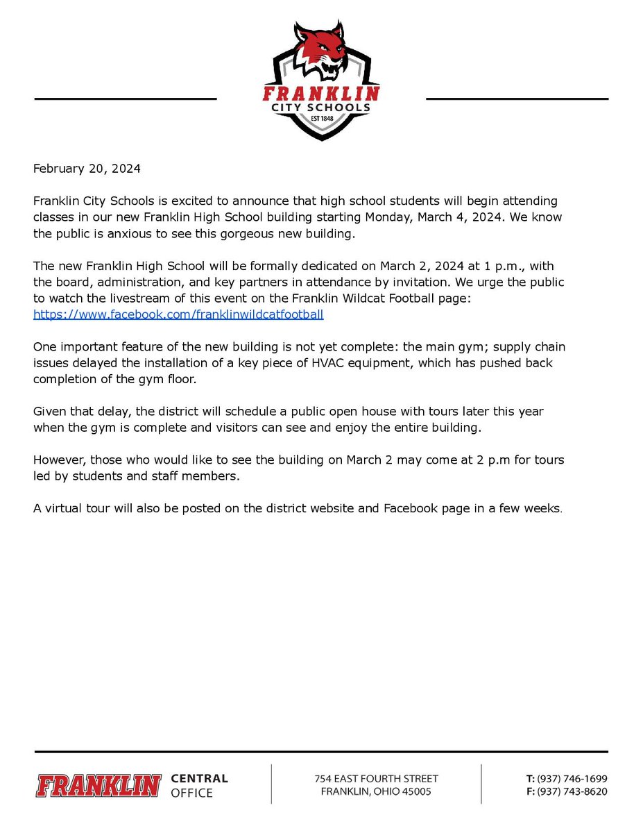 Please see the release about the dedication of the new Franklin High School on Saturday, March 2, 2024. The link for the livestream is facebook.com/franklinwildca…