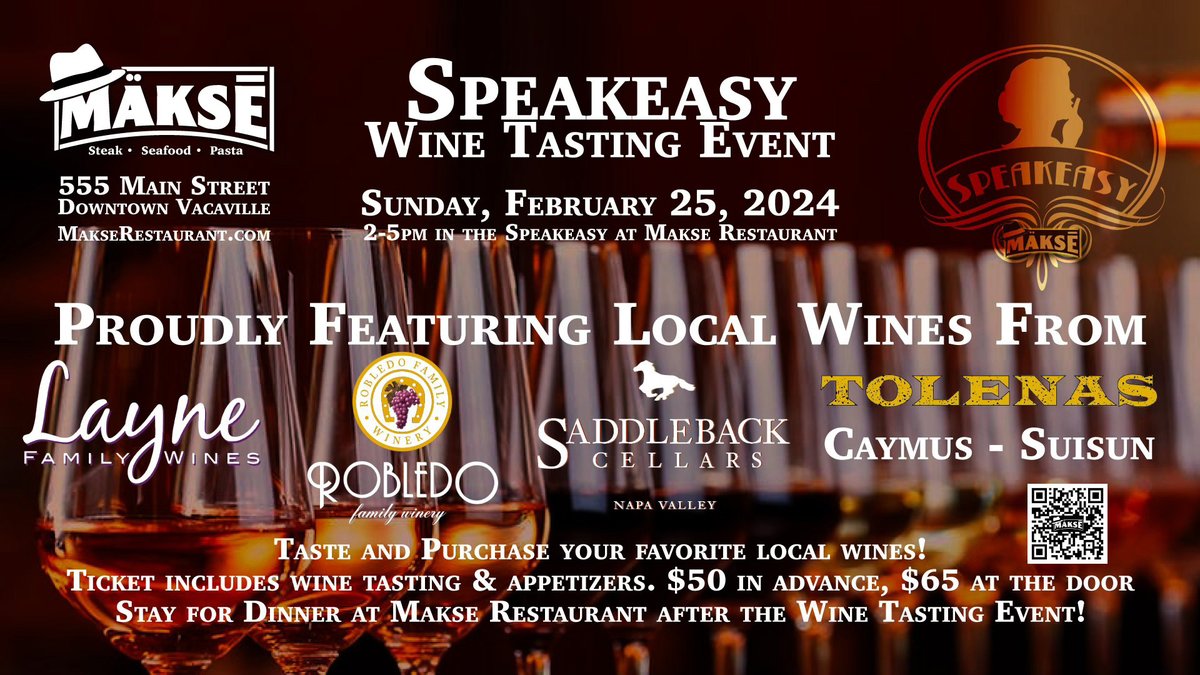 Speakeasy Wine Tasting Event at Mäksē Restaurant on Sunday, Feb. 25th from 2-5pm! Featuring 5 local wineries, pouring 4 of their favorite wines. 

Advance tickets are only $50 and include an appetizer station.

Get your tickets at makserestaurant.com