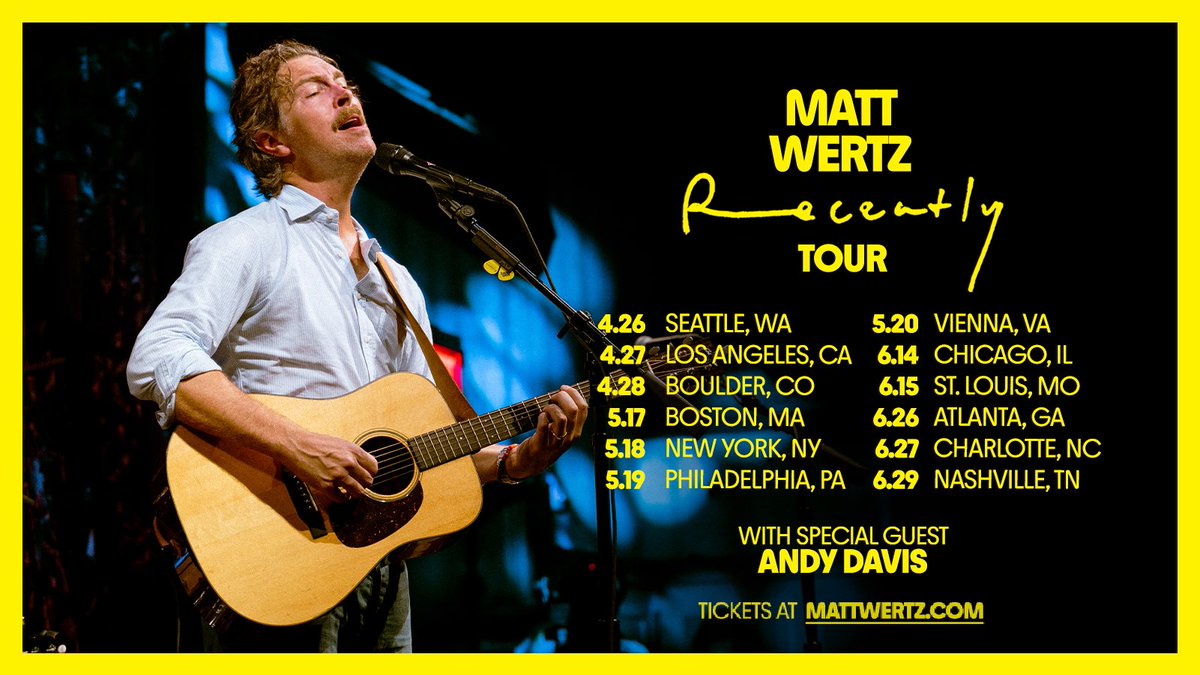 Matt Wertz (@mattwertz) on Twitter photo Let’s sing together again! Tickets for the Recently Tour onsale THIS Friday @ 10am local time. My good pal <a href="/andydavis/">Andy Davis</a> opens, so you know it’s gonna be a good time! Tell ur Friends! Let’s sing together again! Tickets for the Recently Tour onsale THIS Friday @ 10am local time. My good pal <a href="/andydavis/">Andy Davis</a> opens, so you know it’s gonna be a good time! Tell ur Friends!