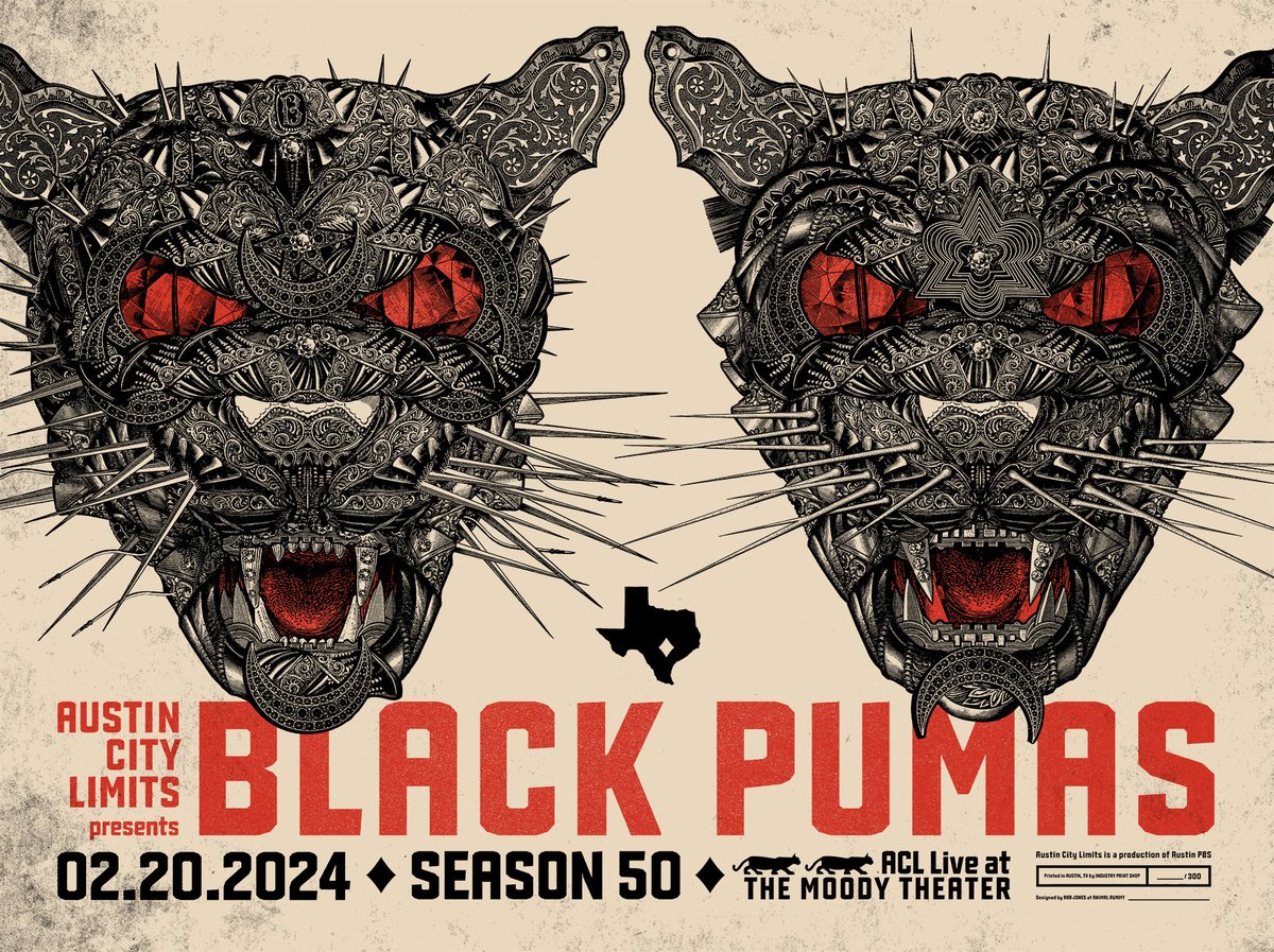 WOW y'all the poster for tonight's taping with Black Pumas is 🔥 
It was designed by Rob Jones, an Austin-based artist using Vicorian engravings by Carol Belanger Grafton. Follow Rob at @animalrummy on IG 
Grab one at tonight's taping! #acltv #alturns50