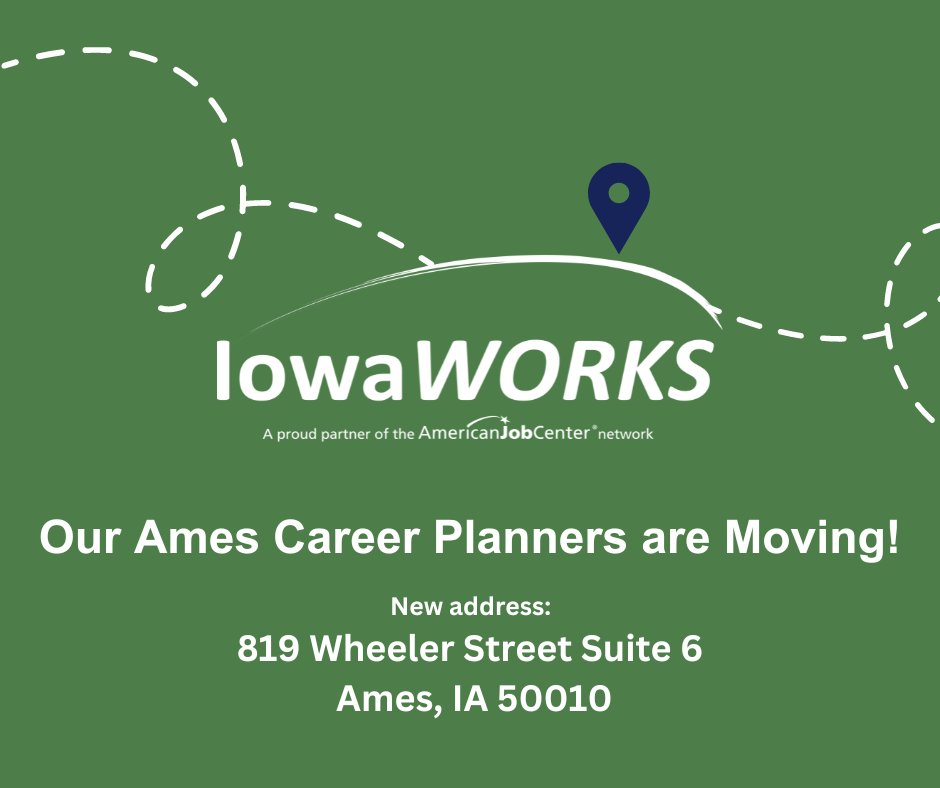 IowaWORKS (@iowaworks) on Twitter photo ๐Job seekers in the Ames area can now find our career planners at a new location. Starting the week of Feb 29th, IowaWORKS Career Planners will start serving Iowans on Thursdays at the IVRS office (819 Wheeler Street, Suite 6, Ames, IA 50010).   
 ow.ly/QtG750QFUzG ๐Job seekers in the Ames area can now find our career planners at a new location. Starting the week of Feb 29th, IowaWORKS Career Planners will start serving Iowans on Thursdays at the IVRS office (819 Wheeler Street, Suite 6, Ames, IA 50010).   
 ow.ly/QtG750QFUzG