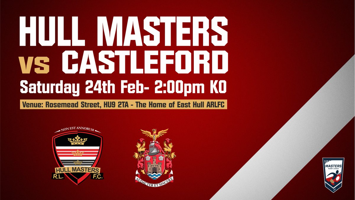 📣This Saturday we welcome Castleford Masters to East Hull ⤵️ 🏉 Masters Rugby League 📅 Saturday 24th February 🏟️ Rosemead Street, HU9 2TA. ⌚️ 2:00pm KO #MastersSpirit #hullmasters24