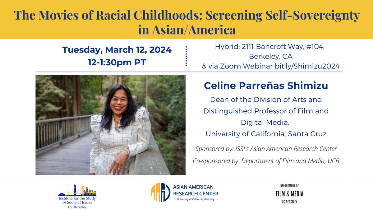 ISSI (@ucberkeleyissi) on Twitter photo “The Movies of Racial Childhoods: Screening Self-Sovereignty in Asian/America” with <a href="/CelineShimizu/">Dr. Celine Parreñas Shimizu, M.F.A., Ph.D.</a> Hybrid: Tues, 3/12 @ noon PT bit.ly/Shimizu2024
Co-sponsored by @FilmUCB - based on the book published by <a href="/DukePress/">Duke University Press</a> “The Movies of Racial Childhoods: Screening Self-Sovereignty in Asian/America” with <a href="/CelineShimizu/">Dr. Celine Parreñas Shimizu, M.F.A., Ph.D.</a> Hybrid: Tues, 3/12 @ noon PT bit.ly/Shimizu2024
Co-sponsored by @FilmUCB - based on the book published by <a href="/DukePress/">Duke University Press</a>