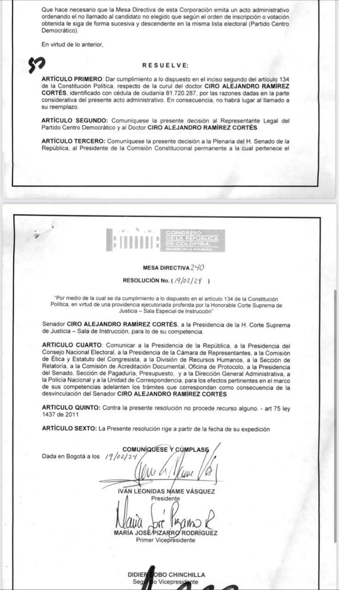 #PRIMICIA El Senado decretó ‘Silla Vacía” para curul del senador Ciro Ramírez, quien fue capturado por supuestos hechos de corrupción en diciembre pasado. Así las cosas, el Centro Democrático pierde un puesto en el legislativo, no podrá reemplazarlo.