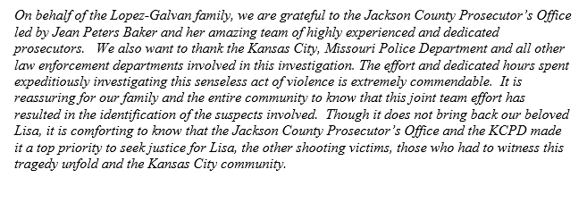 Statement from Lisa Lopez-Galvan's family after two men are charged with murder in connection to her death following last week's Chiefs rally: