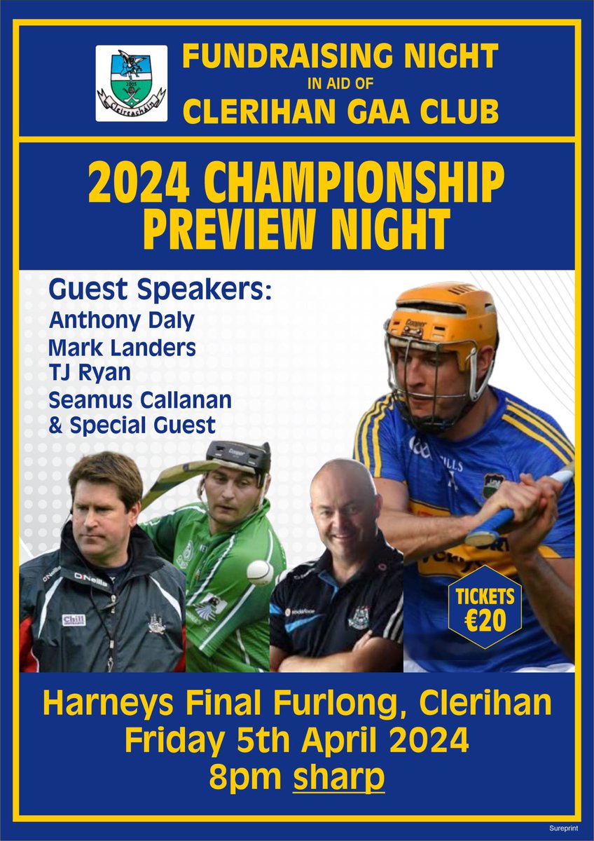 📢 Mark your calendars for Friday April 5th as we host a special Fundraiser Night in support of Clerihan GAA Club! 🏐 Join us at Harney’s Final Furlong for an evening of fun &amp; entertainment. 💚🖤 Tickets on sale now! 
#ClerihanGAAClub #FundraiserNight #Championshippreview