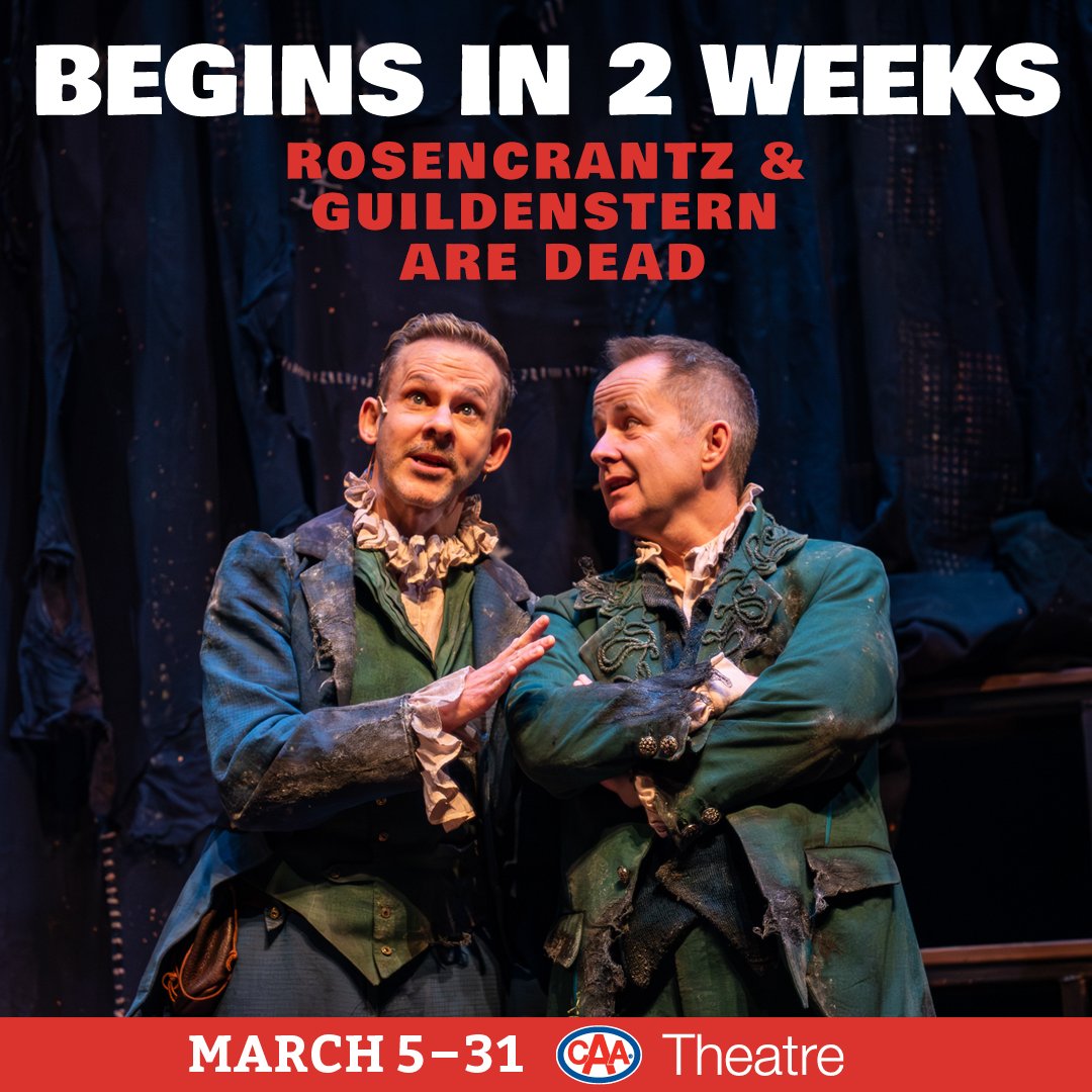 Mirvish's tweet photo. ⭐️2 WEEKS⭐️
Get ready to be captivated by the existential musings, clever wordplay, and mind-bending twists that'll keep you on the edge of your seat! 
ROSENCRANTZ &amp; GUILDENSTERN ARE DEAD begins March 5 - 31, CAA Theatre. Tickets at https://t.co/xsiVuaC94w https://t.co/0mY2be6KLz