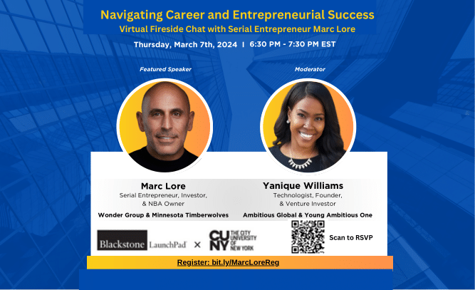 Join us for 'A Fireside Chat with Marc Lore' on March 7th, hosted by @BXLaunchPad and @CUNY. Get ready to be inspired by this renowned entrepreneur and his business insights. Don't miss out on this opportunity to learn, grow, and make an impact! 🔗: ow.ly/WQrJ50QFTBk