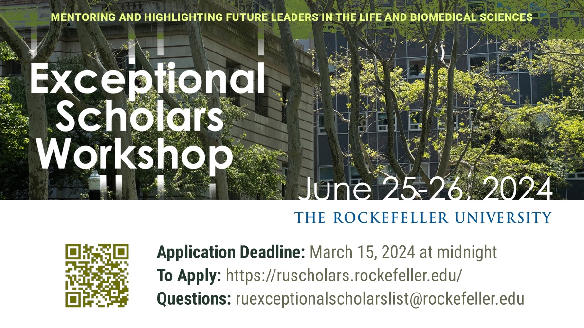 Postdocs! Apply now for the Exceptional Scholars Workshop, a program for mentorship of postdoctoral fellows from underrepresented or disadvantaged groups as they enter prepare for the faculty search and interview process. More info here: ruscholars.rockefeller.edu