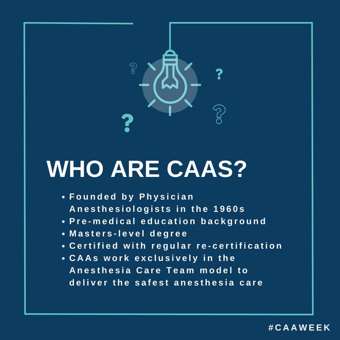 MOAnesthesia's tweet photo. It's #CAAWeek! Join us in celebrating Certified Anesthesiologist Assistants (CAAs) and their contributions to patient care and the Anesthesia Care Team.

@AnesAssistants @ASALifeline https://t.co/21DDsMit2n