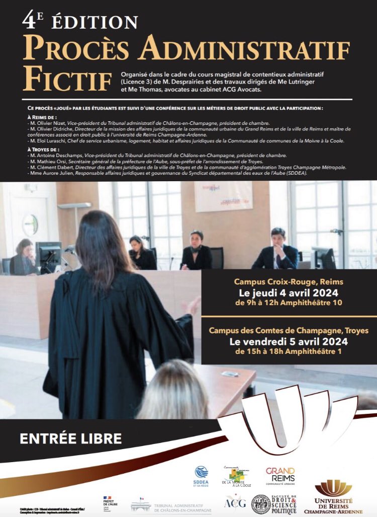 La 4e édition du procès administratif fictif aura lieu les 4 et 5 avril à <a href="/FacDSPReims/">Faculté de Droit et de Science Politique de Reims</a> <a href="/universitereims/">Université de Reims Champagne-Ardenne</a> <a href="/reims/">reims</a> <a href="/UrcaCampus3/">Campus des Comtes de Champagne URCA</a>. 

Des nombreux professionnels du droit seront présents pour présenter les métiers de droit public et les belles perspectives de carrière. 

Entrée libre.