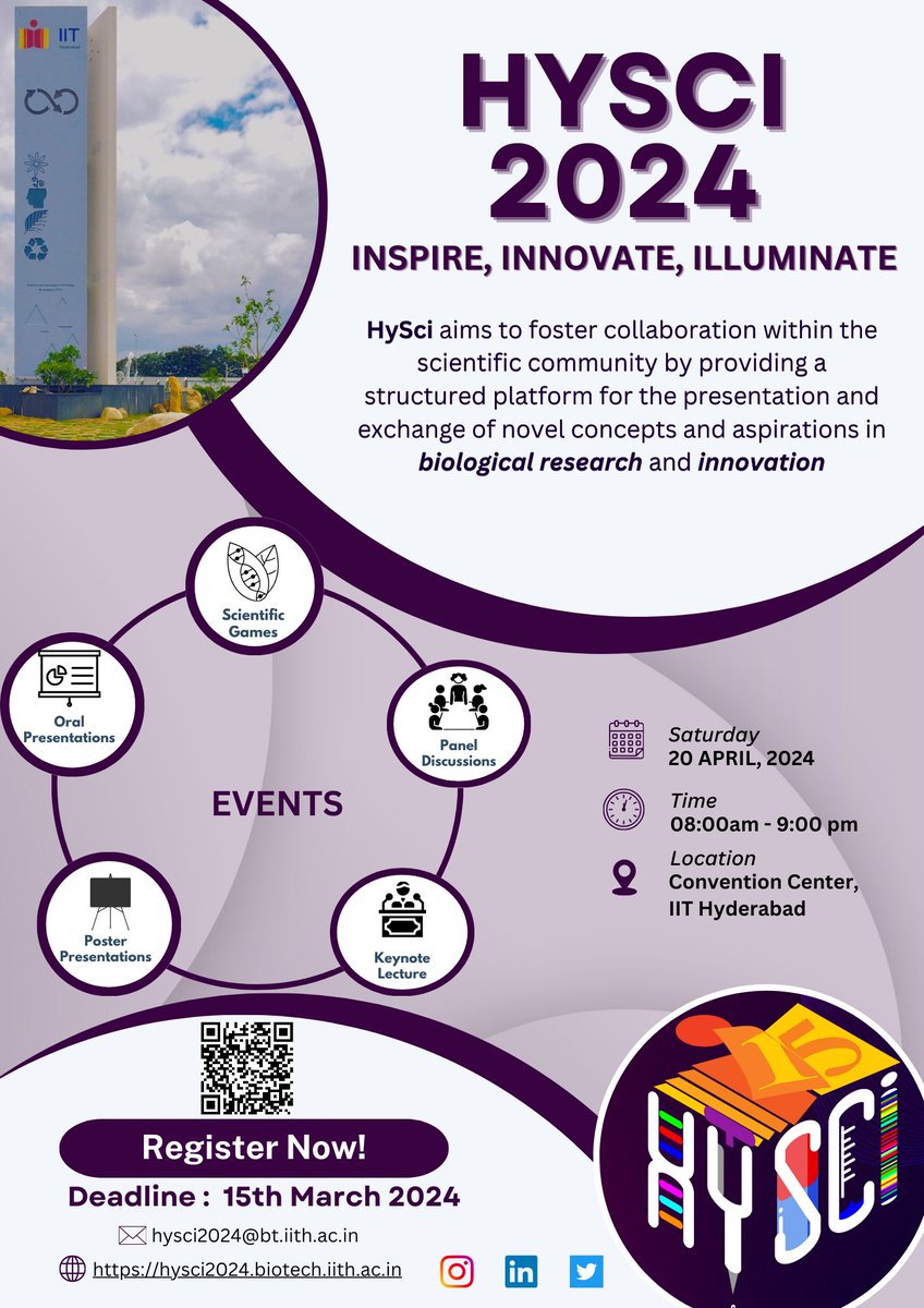 Join us at the #HySci2024 Conference, organized by the Departments of <a href="/BTIITH/">Department of Biotechnology, IIT Hyderabad</a>  and #Biomedical Engineering at <a href="/IITHyderabad/">IIT Hyderabad</a>.

Key Conference Details:
Date: Apr 20, 2024 (Saturday)
Venue: Convention Centre, IITH
Website: hysci2024.biotech.iith.ac.in

Early Bird Registrations: Jan 23 to