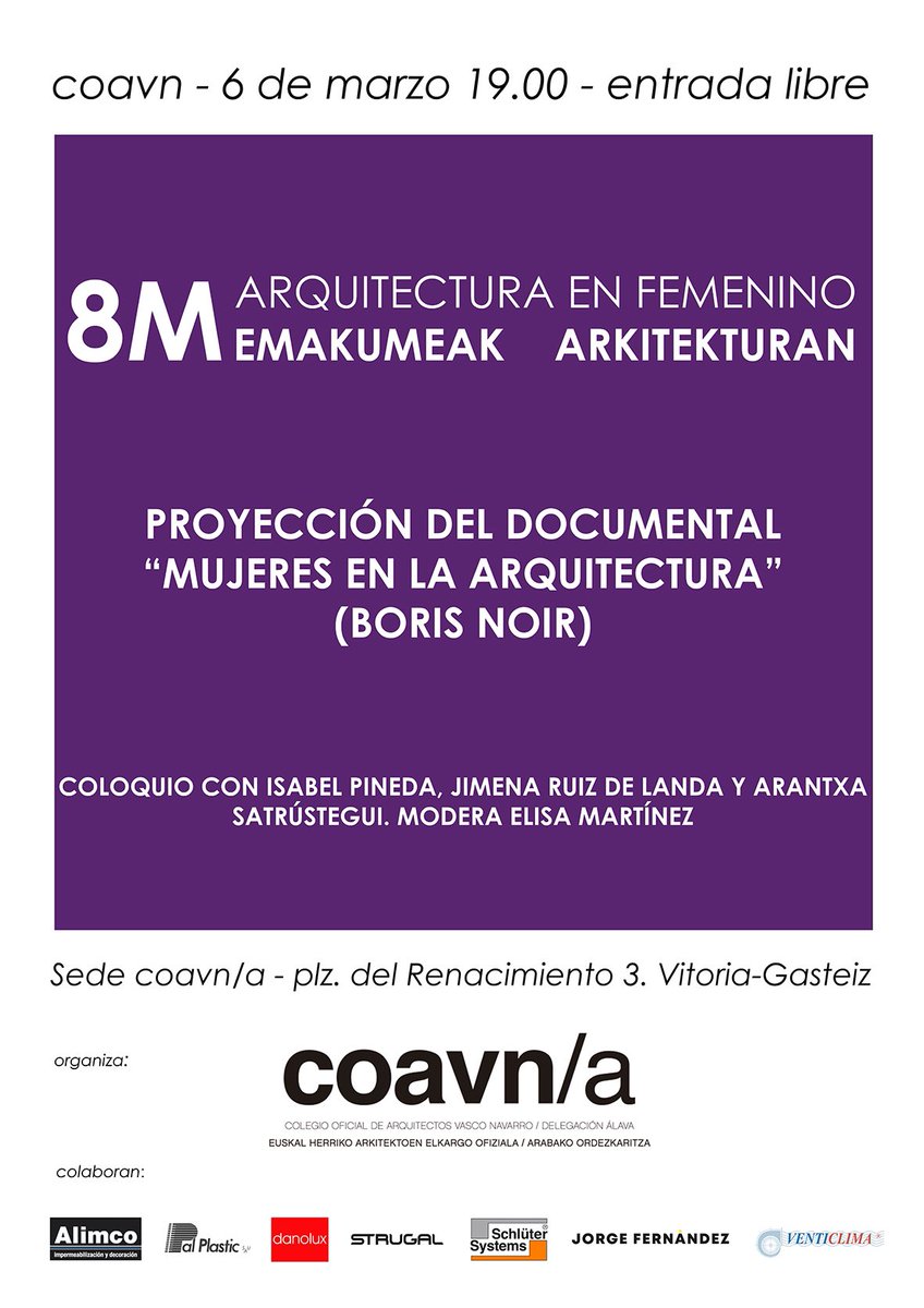 COAVN_Alava's tweet photo. Hoy miércoles en el @COAVN_Alava celebramos el #8M2024 #arquitecturaenfemenino #emakumearkitekturan @pal_plastic @Strugal @jfgrupo #danolux #schlutersystems #venticlima #alimco https://t.co/WXv8yqprAj