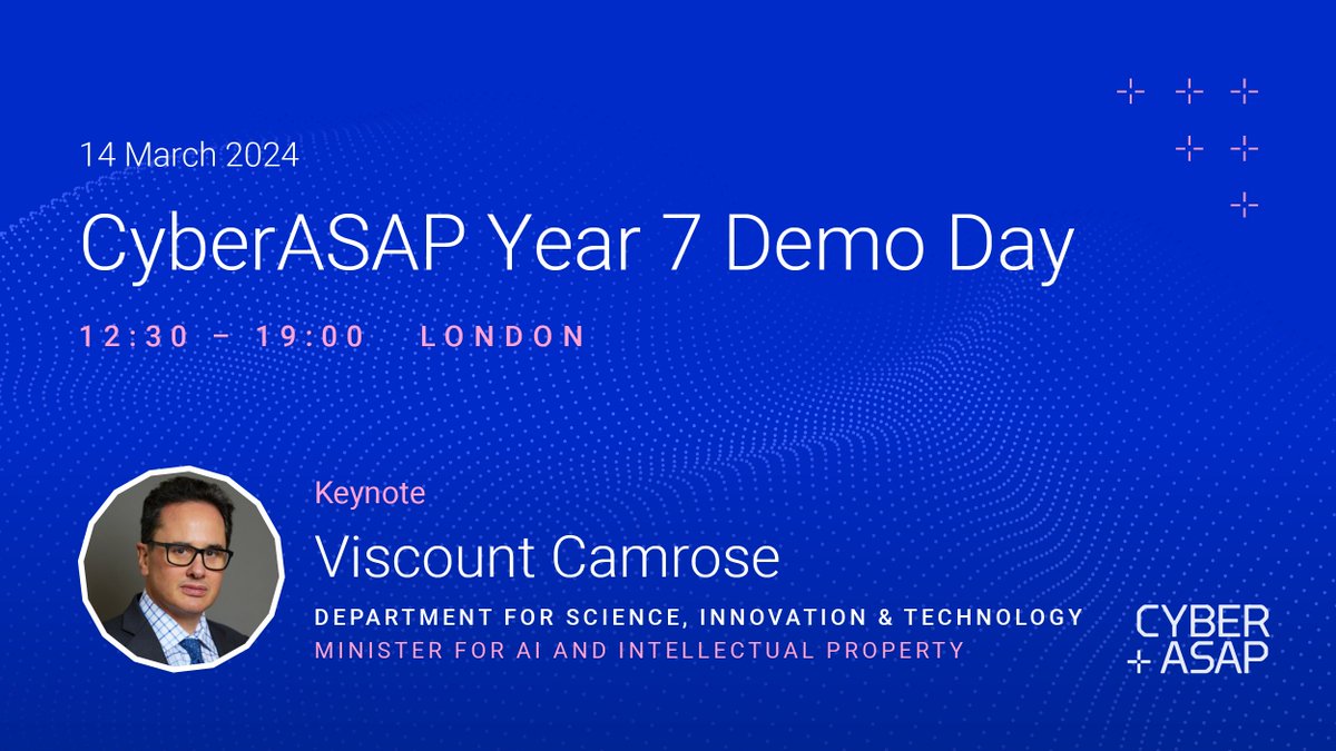 CyberASAP's tweet image. We are excited to welcome Viscount Camrose, Minister for AI and Intellectual Property @SciTechgovuk as our keynote speaker for the #CyberASAP Demo Day!

Join us on 14 Mar to discover highly promising #cybersecurity solutions from leading UK academic teams: iuk.ktn-uk.org/events/cyberas…