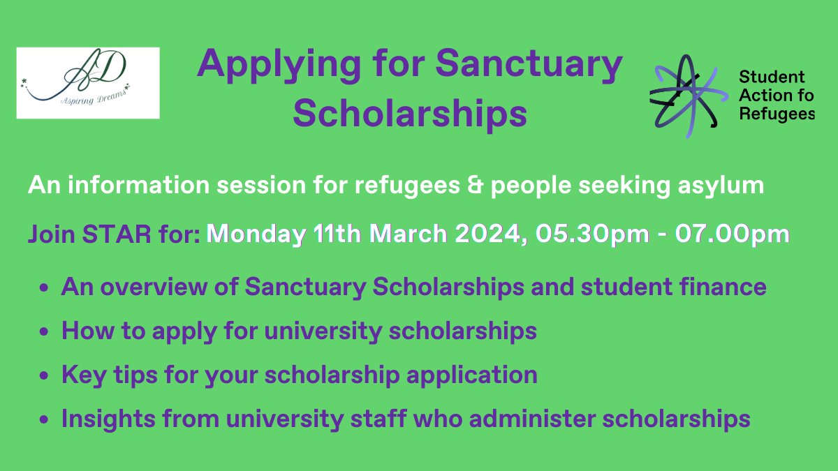 Want to find out how to apply for university scholarships for people seeking asylum and refugees? Join us on Mon 11th March at 5.30 pm. Book your place eventbrite.co.uk/e/sanctuary-sc… #refugeeswelcome #Scholarships #university