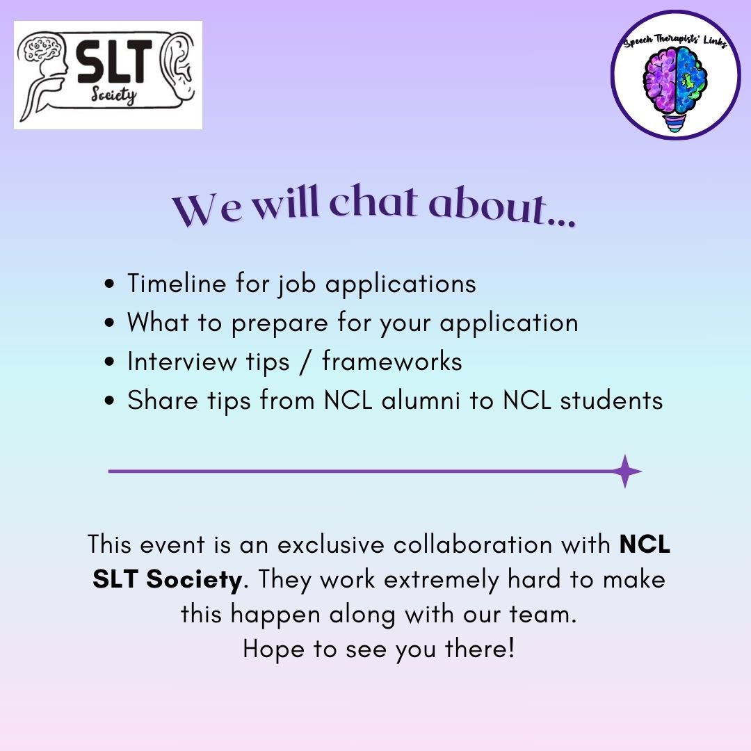 st_links's tweet photo. ST Links &amp; NCL SLT Soc are hosting an exclusive collab about tips for #SLT job applications! Shereen &amp; Kate fr. ST Links will share their tips for your job app &amp; interview!
📣 This event is open to NCL SLT Soc members
⭐️ 9/3/24, 10am, Zoom
⭐️ Register @ https://t.co/ZrpMQSZubo https://t.co/KYRFfKTRJL